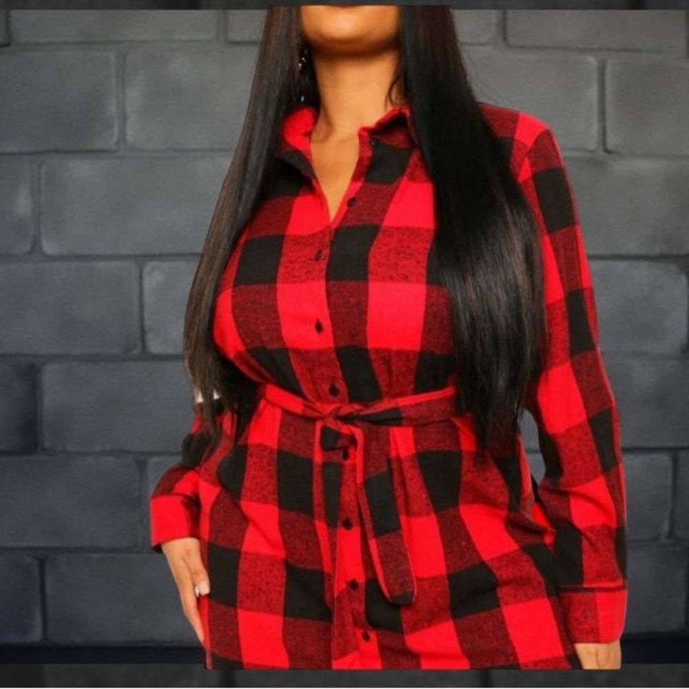 Boohoo Red Black Plaid Belted Shirt Dress Women's Size 14 NWT - Picture 1 of 9
